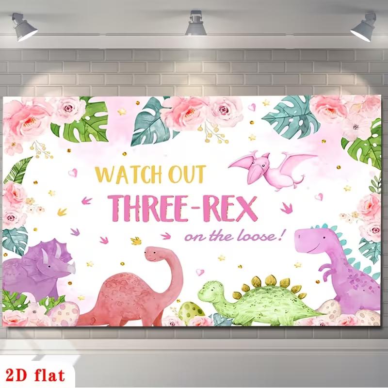 2D "Watch Out Three-Rex" Pink Watercolor Dinosaur 3rd Birthday Backdrop