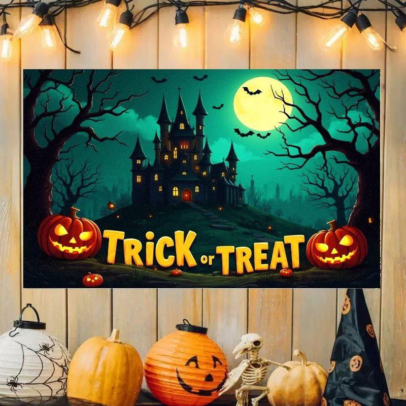 Halloween Banner Trick Or Treat Tapestry Haunted Castle Pumpkin Bat Print Home Outdoor Party Wall Hanging Decor Flag