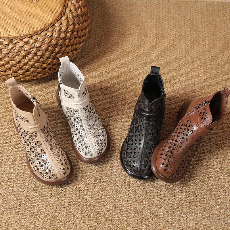 Модные летние ботильоны GKTINOO 2025, обувь из натуральной кожи, женские сандалии на низком каблуке, ботинки на боковой молнии с вырезами, дышащие, Mujer Zapatos