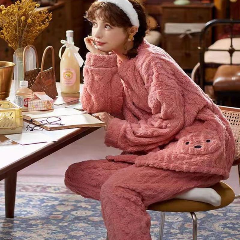 Фланелевая пижама с медведем и карманами для женщин с принтом, корейская милая повседневная свободная одежда для девочек Kawaii, осенне-зимняя теплая одежда для сна, шикарная тенденция