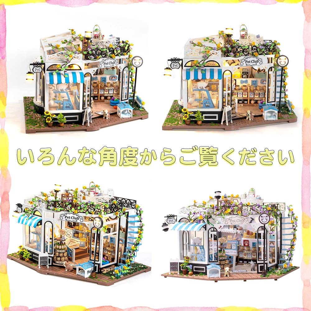 Moin moin Кукольный домик Миниатюрный набор для ручной работы Набор для зоомагазина с множеством цветов Кошка Собака Животное Цветок Подсолнух Светодиодная подсветка Акриловый чехол Фигурка животного