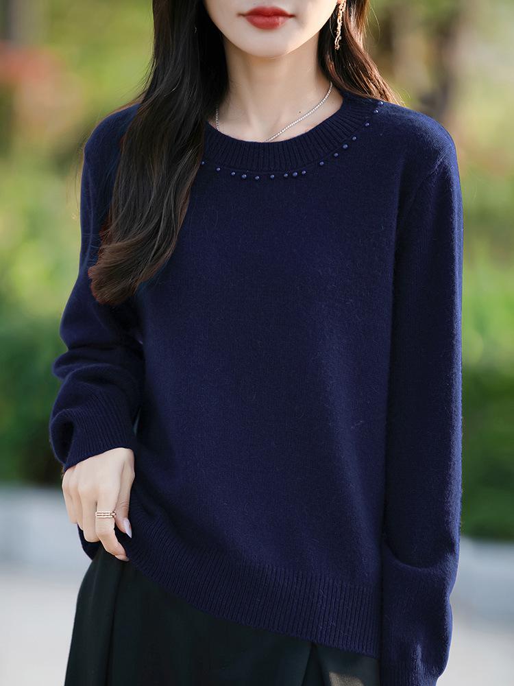 Women's Round Neck Long Sleeve Knit Sweater - Solid Color Loose Fit for Autumn and Winter