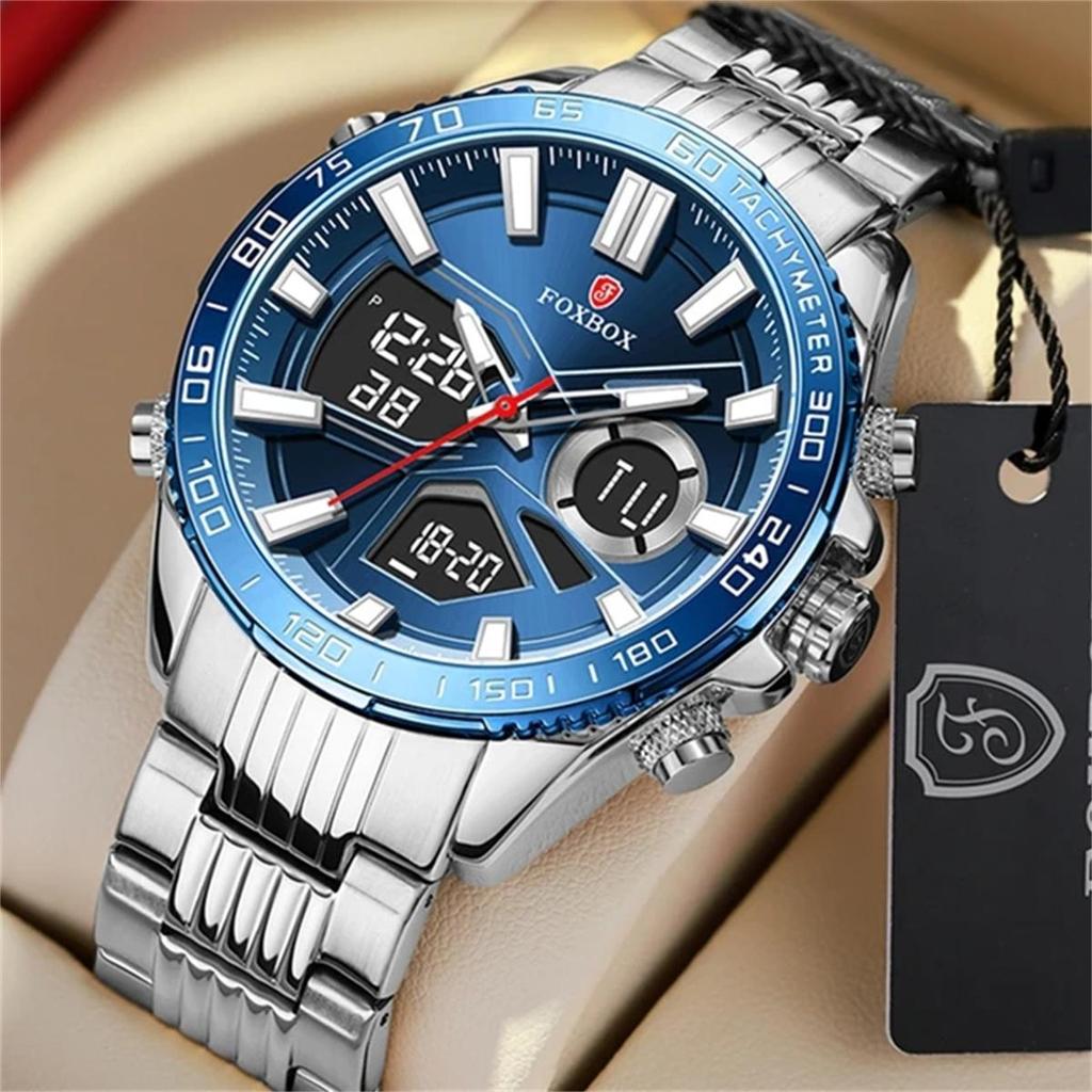 FOXBOX Sport Watches for Men Top Brand Luxury Dual Display Stainless Steel Band Waterproof Luminous Quartz Wristwatch+Box