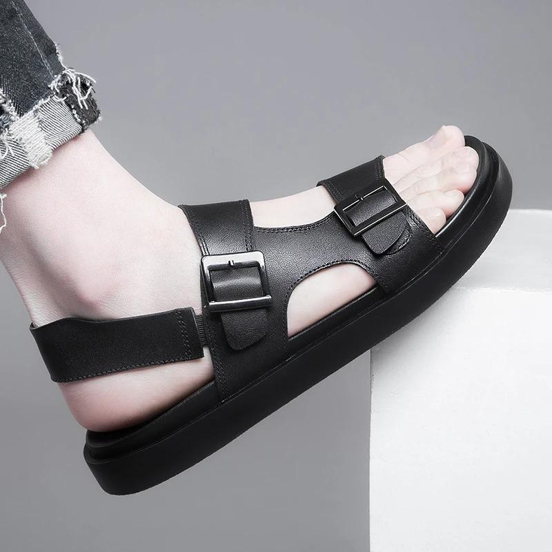 Fashion Summer Outdoor Genuine Leather Antiskid Sandals Men Casual  Leather Non-slip Breathable Tooling Shoes Soft Bottom Walking Shoes