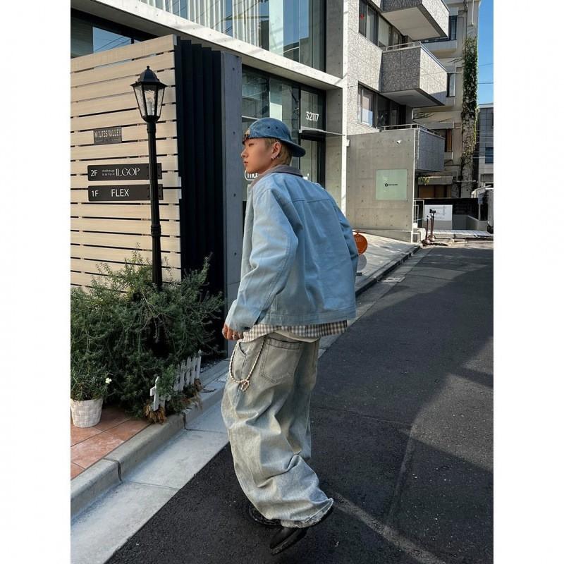 Mens Washed Color-Block Collar Utility Jacket Fall Loose Fit Streetwear Outerwear
