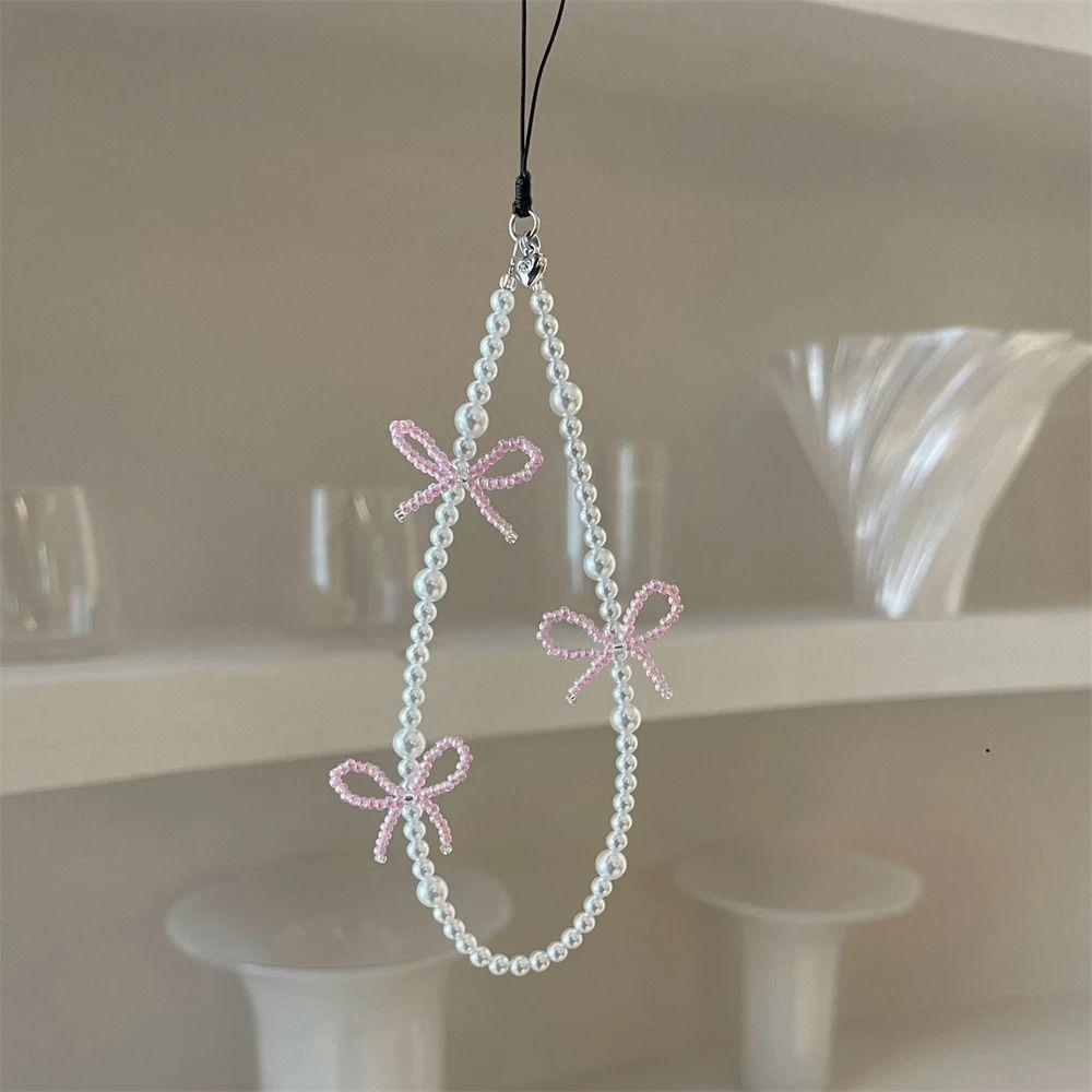 Korea Pink Bowknot Pearl Pendant Beaded Rope Strap New Phone Accessrioes