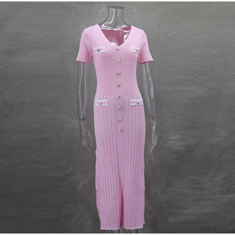 Knit Button Ribbed Slim Hip Package Women Long Dress Early Autumn V-neck Short Sleeve Female Robe