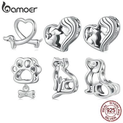 BAMOER Цельное серебро 925 пробы Милый шарм-бусина Такса Кошка подходит для оригинальных браслетов и ожерелий Ювелирные изделия Сделай сам bamoer Шарм для питомца