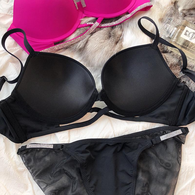 Sexy Women Underwear Set Cross Hollow Bra Fashion Rhinestones Cup Solid Color Push Up Brassiere Deep V Lingerie 2 Pieces Set