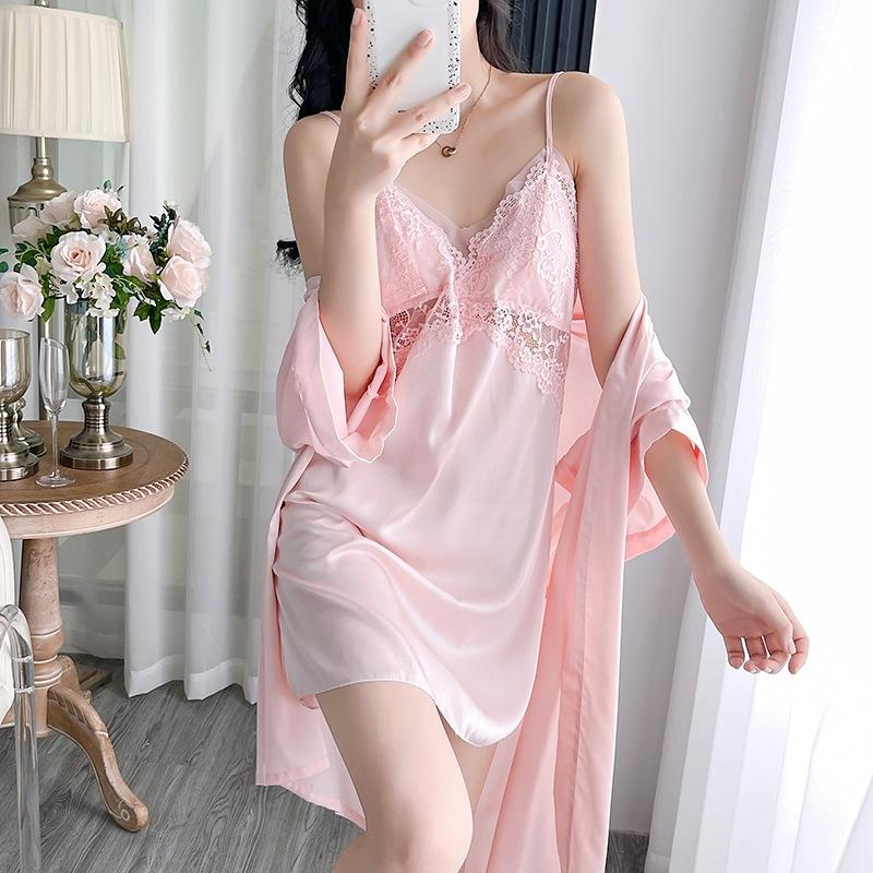 Sexy Female Nighty Robe Set Intimate Lingerie Spring Summer Kimono Bathrobe Gown Sleepwear Two Piece Set Loose Satin Home Dress