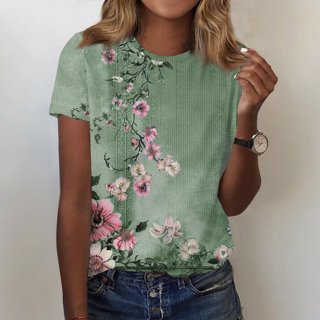 Women's Fashion Casual Printed Round Neck Short Sleeved T-Shirt Top T-Shirt Top Top