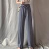 Women Casual Pants Elastic Drawstring High Waist Wide Leg Long Trousers Solid Color