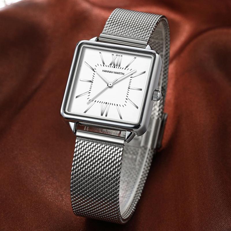 Hannah Martin Женские кварцевые часы Японский кварцевый механизм Зеленый циферблат Квадратные часы Модные наручные часы Женские часы из розового золота для женщин