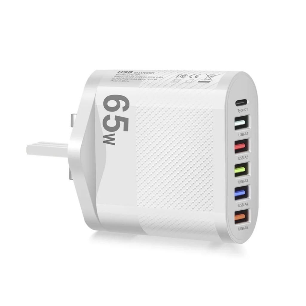 Быстрая настенная зарядка 65 Вт 6 в 1 5 USB 1 Type C для iPhone Samsung Xiaomi Huawei Oppo Адаптер для мобильного телефона