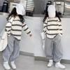 Korea Style Simple Kids Clothes Girl 2Pcs Set Clothing Long Sleeve Striped+Loose Pant Outfits for Teen Girl 6 8 10 12 14Y