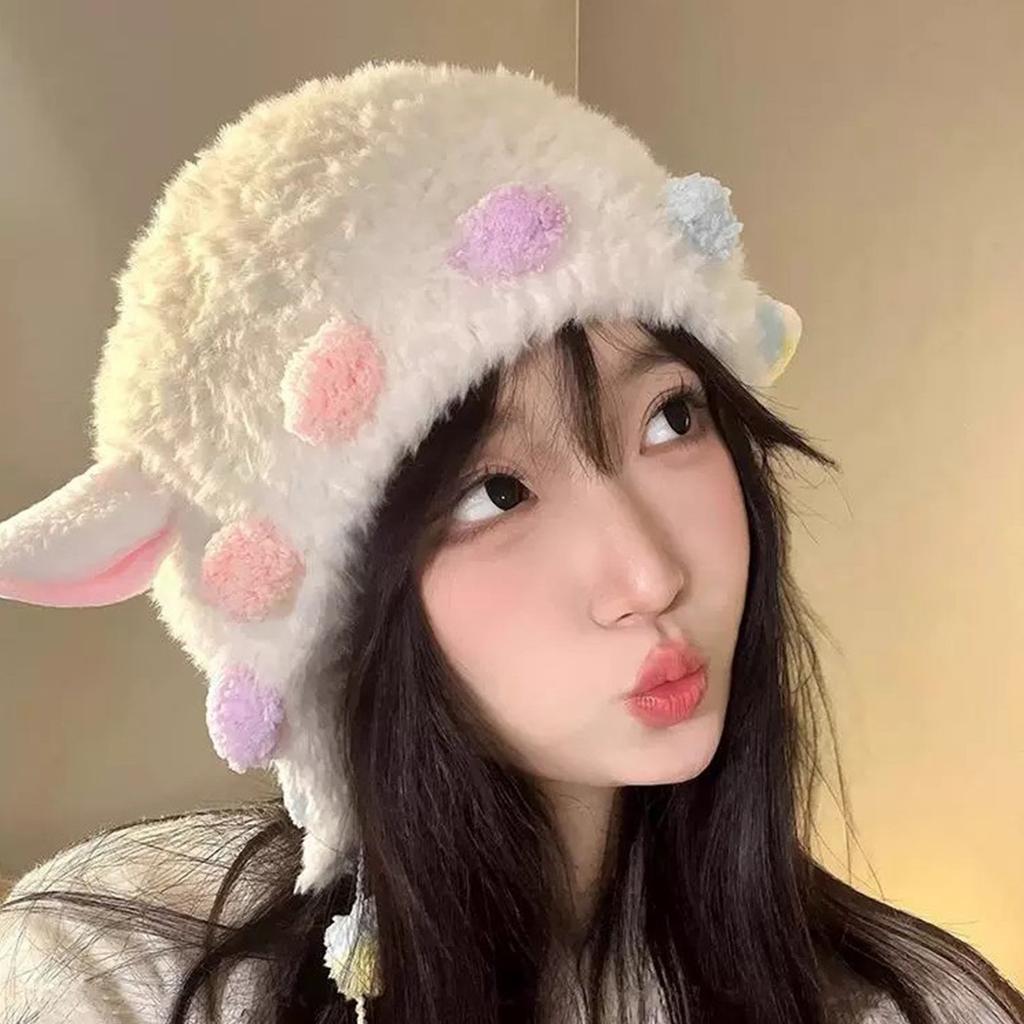 Lovely Plush Sheep Ear Hat with Warm Earflap Winter Activity Hat for Women Girl Pullover Hat Ear Protective Trapper Hat