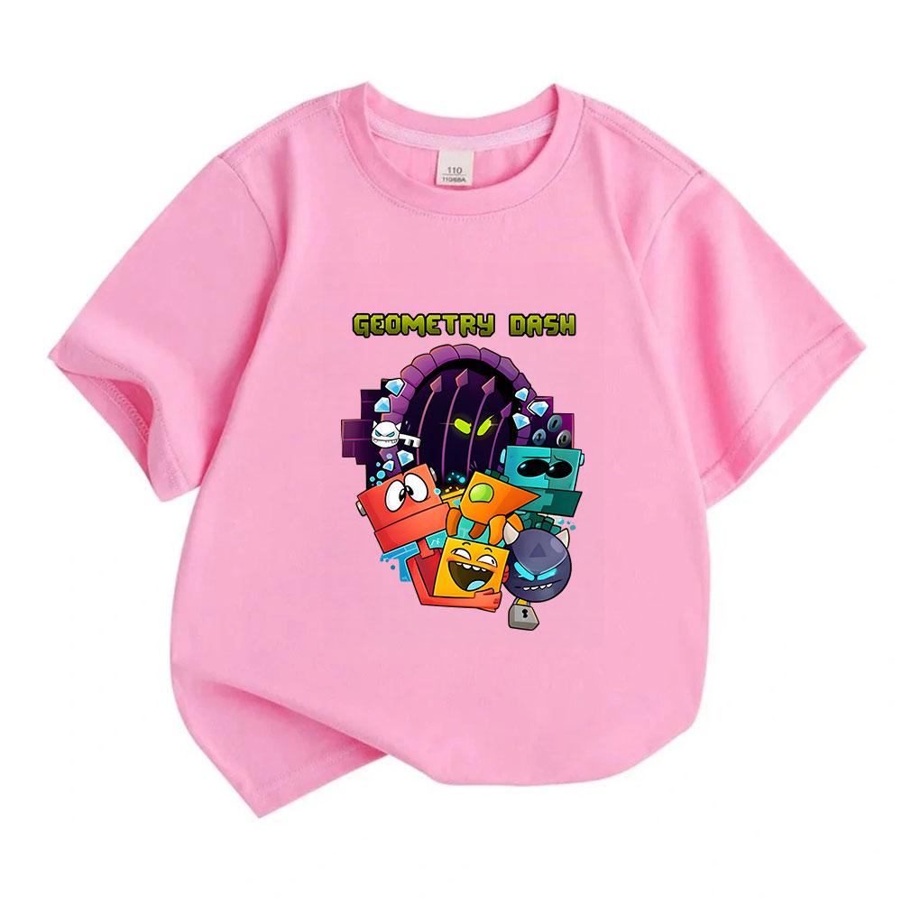 Kids Boys Girls Crew Neck Short Sleeve 100% Cotton T-Shirt, Cute Geometric Dash Cartoon Character Printed Casual Soft Breathable Summer Tops for Child