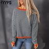 Women's Fashion Casual Spring Fall Stripe Print Long Sleeve O-Neck Blouses & Shirts