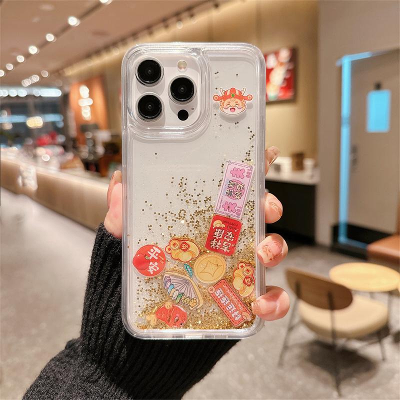 New Chinese Style For iPhone 14 15 Pro Max 16 Case Dynamic Quicksand Peace Auspiciousness Floating Elements in Phone Shells