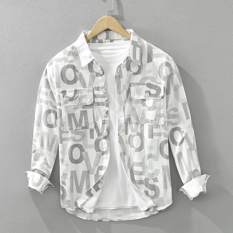 Unique Letter Print Long Sleeve Shirt for Men Spring Autumn High-end Trendy Full Print Shirt Workwear Loose Jacket