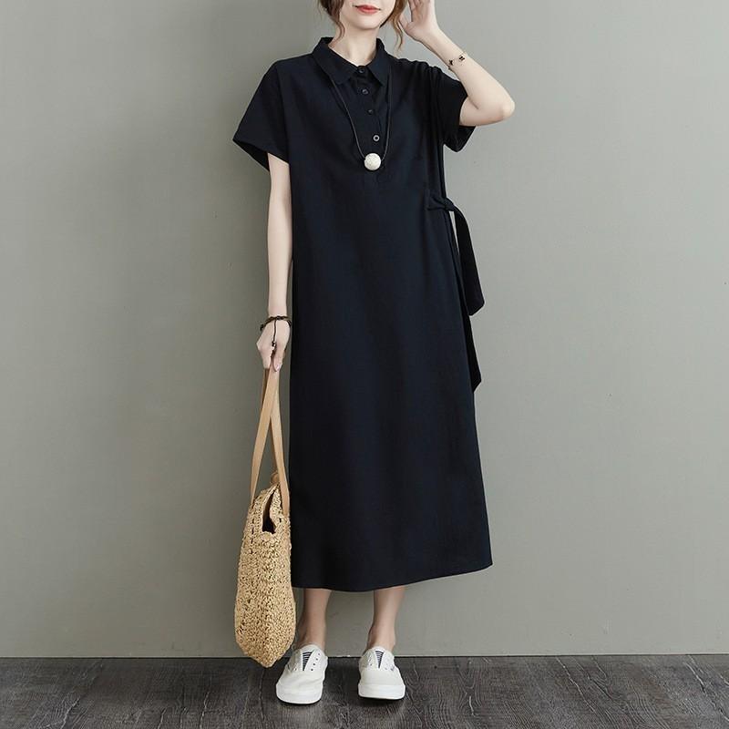 Japanese Style Loose Cotton Linen Short Sleeve Dress With Pockets For Casual Wear