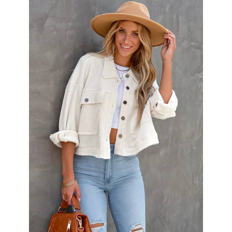 Classic Polo Collar Waffle Knit Cardigan For Women With Button Closure For Office Casuals