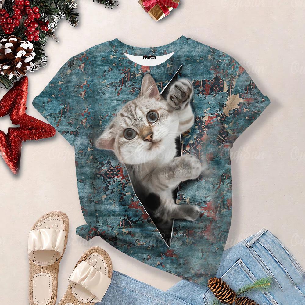 Футболки Overzise для женщин 2024, футболки с круглым вырезом и короткими рукавами с 3d принтом милого кота, топы, кавайные повседневные футболки, эстетические женские топы