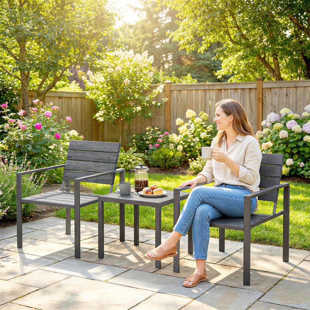 3 Pieces Garden Bistro Set For 2 Outdoor Bistro Table And Chairs With Metal Frame Plastic Patio Furniture Set
