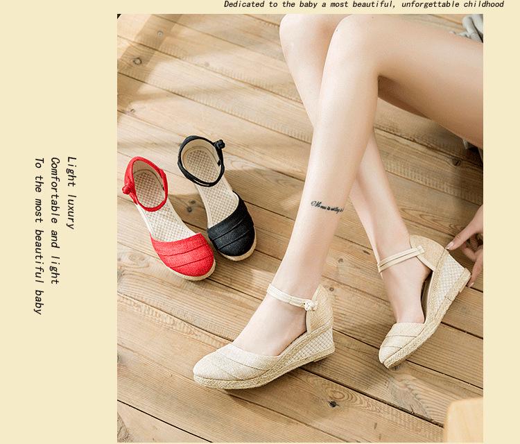 Women's Ethnic Style Summer Wedge Sandals - Breathable Linen with One-Strap Buckle and High Heel Design