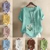 Women's Fashion Flowers Prined RoundNeck Short Sleeve T-shirt Casual Cotton Linen Graphic Shirt Leisure Loose Summer Blouse Tops