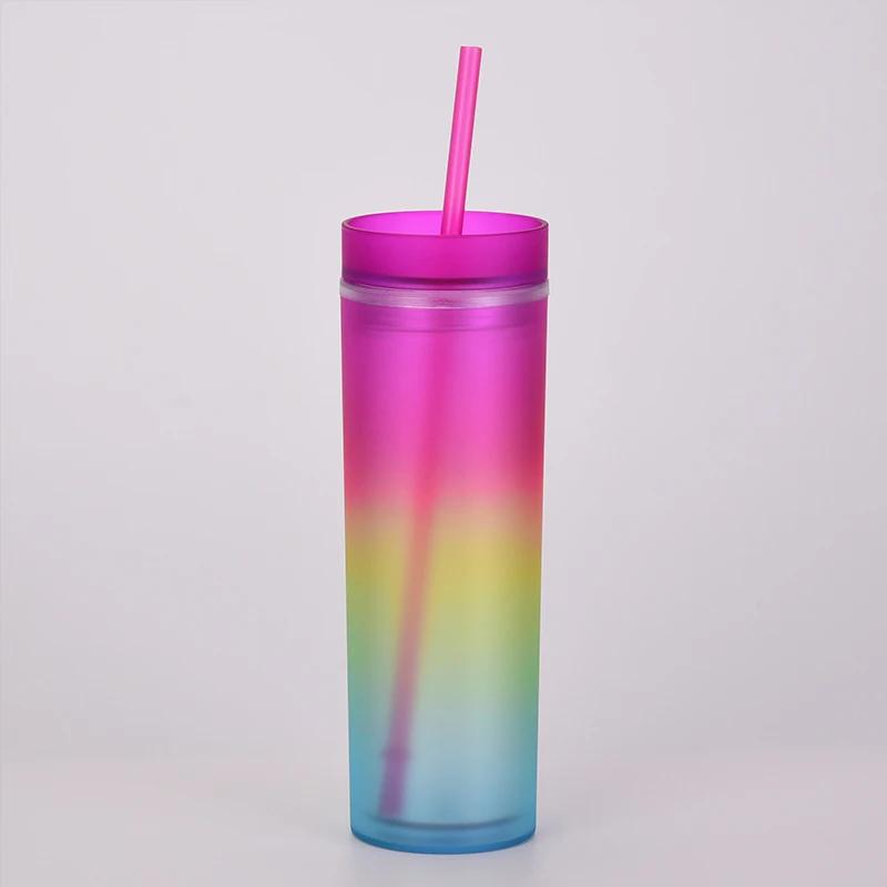 16 унций градиент радуга узкий пластиковый стакан бутылки для воды прямая чашка двухслойная радуга градиент чашка с соломинкой