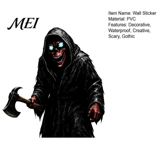 Dark Reaper Glass Stickers Halloween Wall Sticker, Scary Black Robed Demon with Ax Decal, Creepy Man Decor PVC Waterproof Art for Home Window Decals