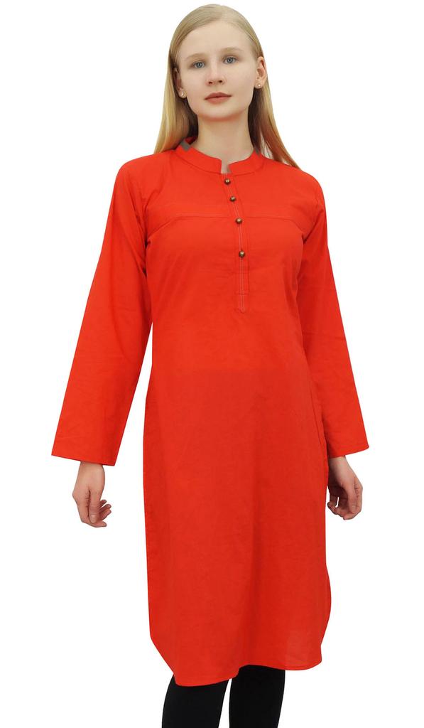 Phagun Women's Red Straight Custom Kurti Long Sleeves Cotton Kurta