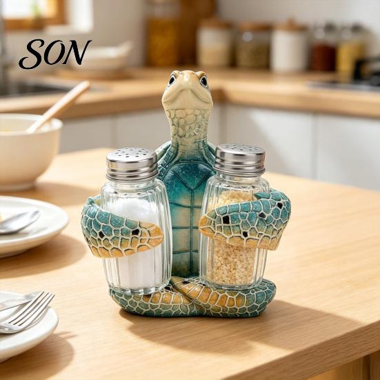 Mediterranean Style Home Accessories Sea Turtle Salt Pepper Shaker Set with Holder, Resin Figurine Unique Housewarming Gift for Beach House