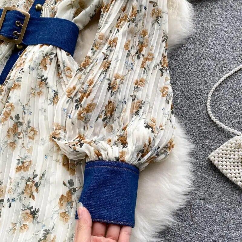 Autumn Lace Vintage Fairy Dress Women Patchwork Elegant Party Midi Dress Female Bow Korean Fashion One Piece Floral Dress 2024