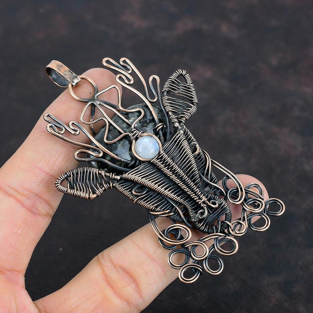 Подвеска Larvikite, медная проволока, обернутая в морду оленя, подвеска Rainbow Moonstone, подвеска ручной работы, оригинальный драгоценный камень, подарок на помолвку
