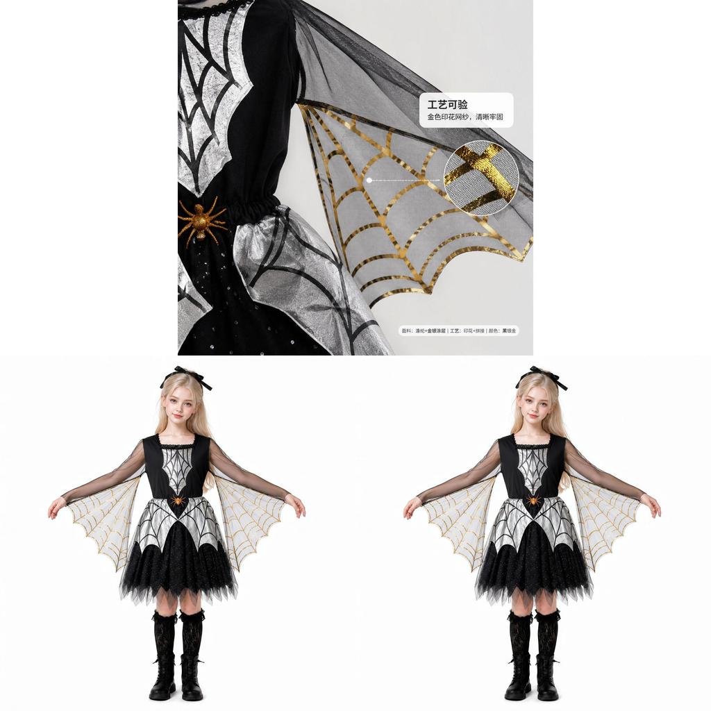 Halloween Spider Costume For Kids With Knit Fabric And Web Cloak For Stage Performance