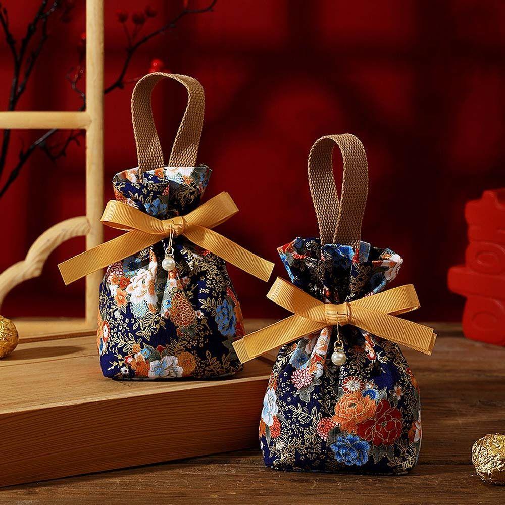 Satin Bow Flower Drawstring Bag Floral Festive Sugar Bag Sweet Ribbon Bowknot Handbag Wedding