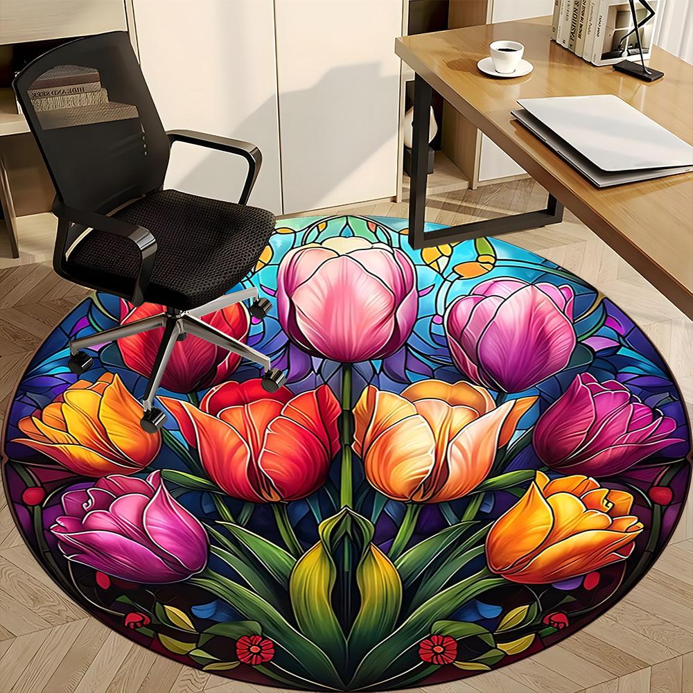 1pc Tulip StainedGlass Office Round Area Rug, Indoor Mat Suitable ForOffice, Under Office Chairs Bedroom Living Room Home Decor, Room Deco D116