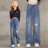 Girls' Denim Wide-leg Pants Loose Western Style Straight-leg Pants Ripped Trousers Big Children's Jeans