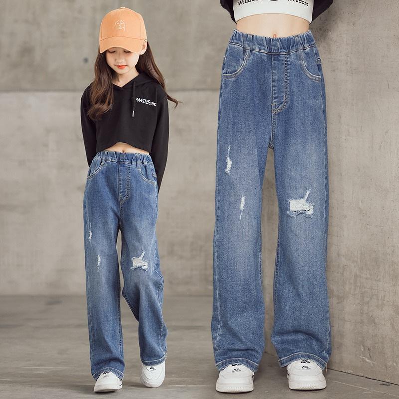 Girls' Denim Wide-leg Pants Loose Western Style Straight-leg Pants Ripped Trousers Big Children's Jeans