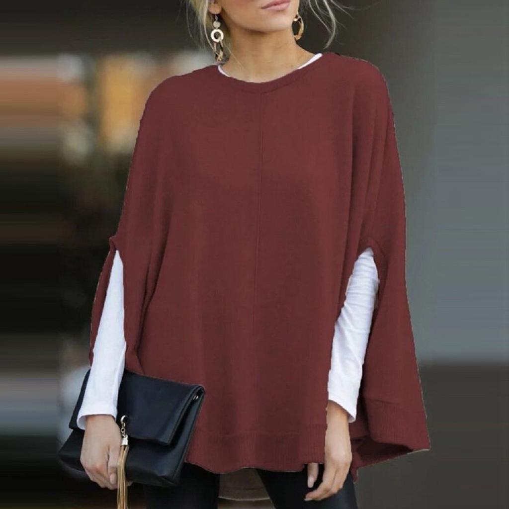 Women Fashion Solid Color Print Loose Hooded Sleeve Splitter Long Sleeve Top