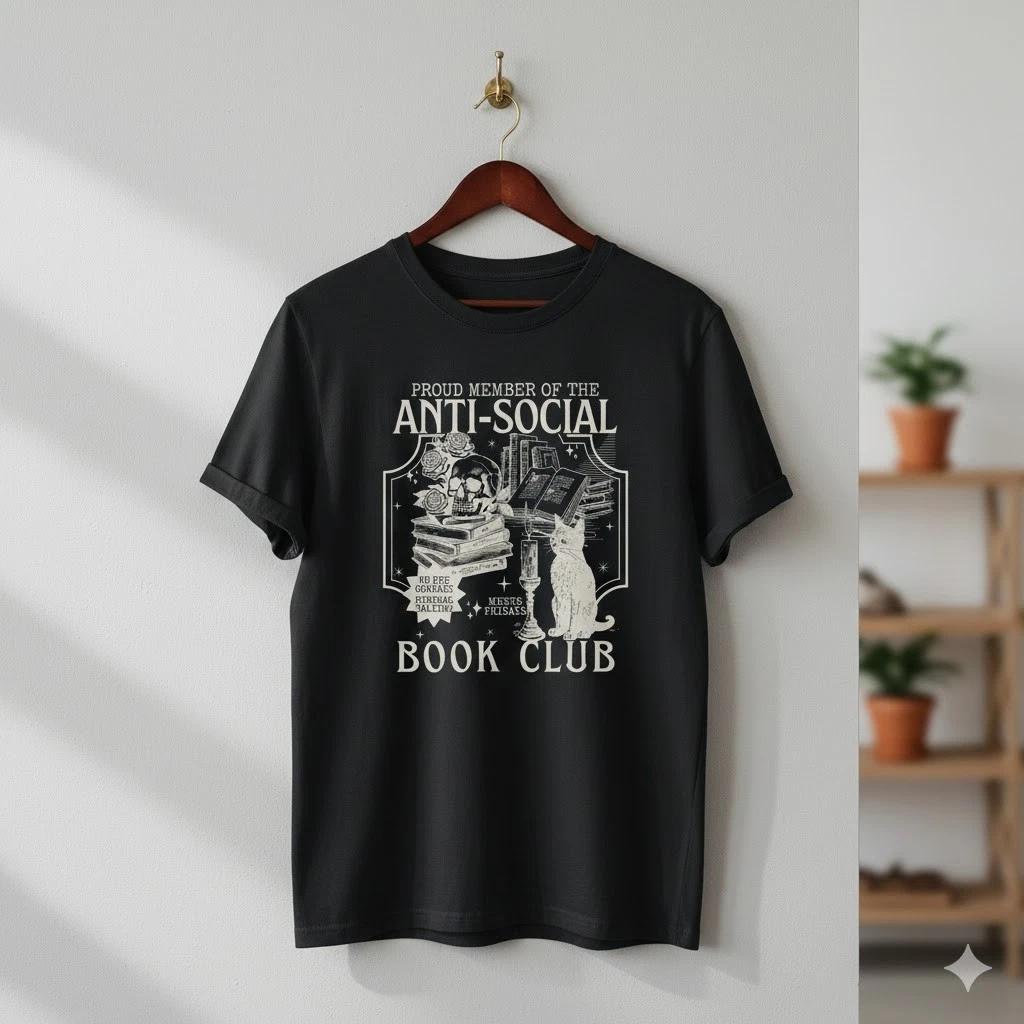 Графическая футболка «Книжный клуб асоциальных личностей» Черная Унисекс Футболка для любителей чтения - S138