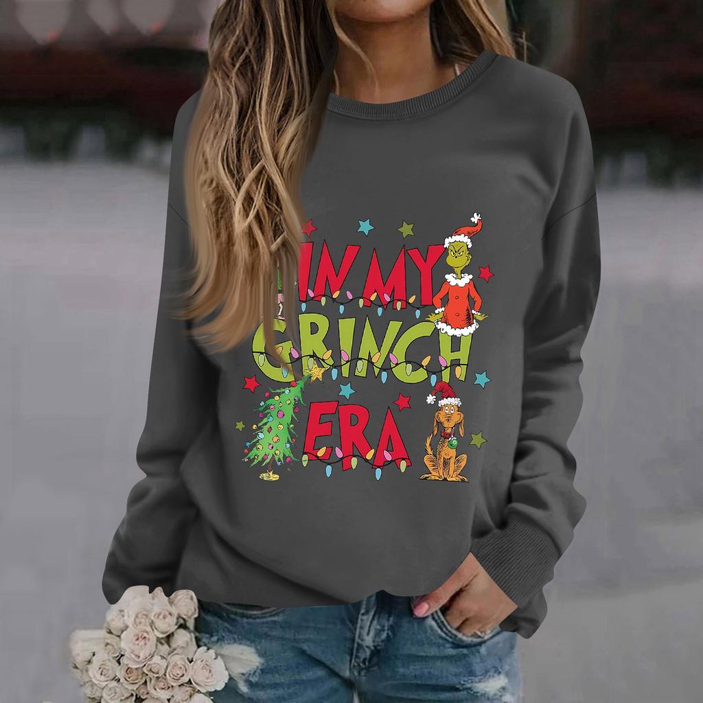 Women's Fashion Casual Long Sleeve Solid Color Christmas Printed Round Neck Top Sweatshirt