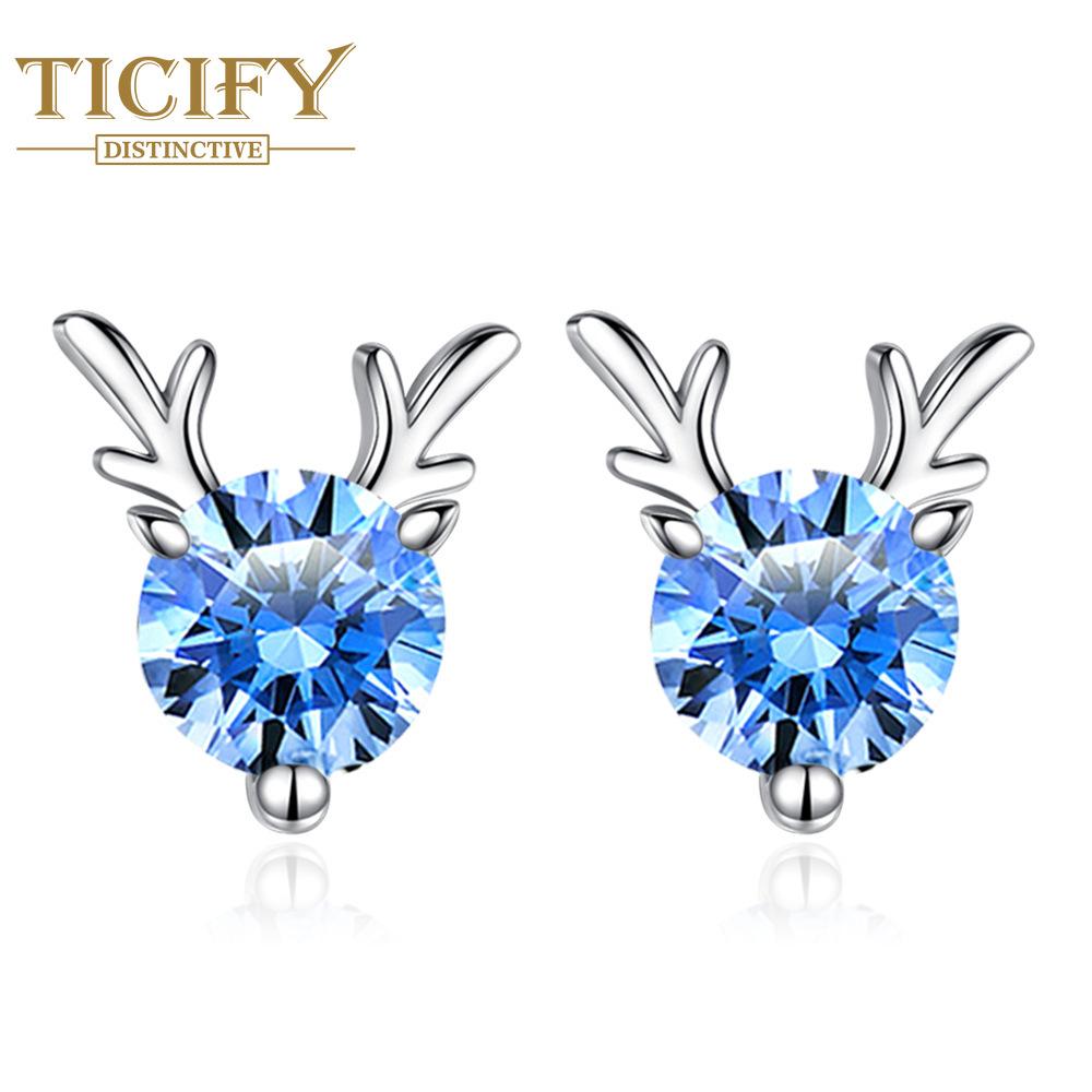 Маленькие прозрачные серьги с рогами для девочек с синим цирконом