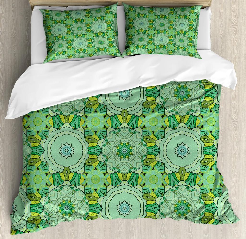 Mandala Duvet Cover Set Boho Lotus Flower Microcosm Motif Unique Retro Green Theme Double Queen King Size Polyester Qulit Cover