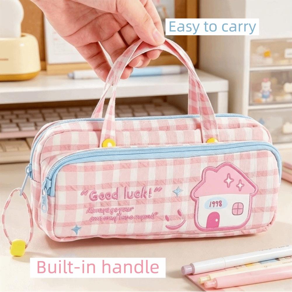 Double Layer Pencil Case Plaid Pen Bag High Beauty Stationery Box Students