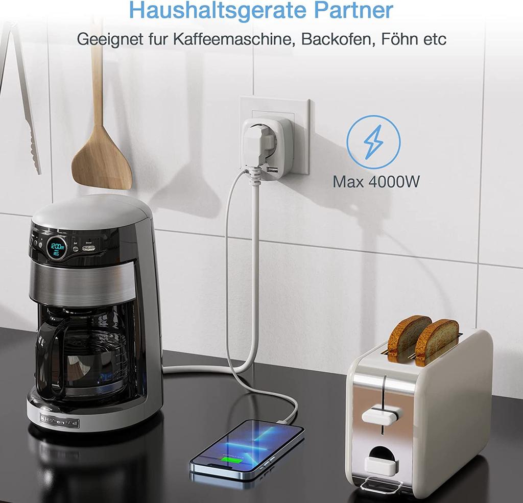 Tessan Компактная розетка с 2 портами USB, адаптером европейского стандарта 3 в 1 с защитой от перегрузки для офиса, дома, путешествий