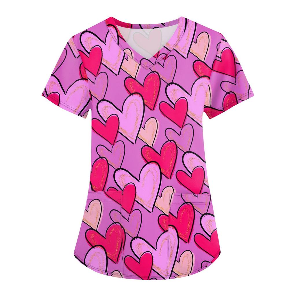 Women's Fashion Printed Short Sleeve V-Neck Top Small Pocket Work T-Shirt