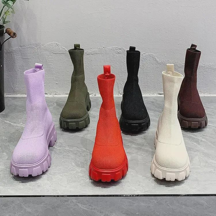 2022 Женские Весенние Новые Стильные Эластичные Вязаные Шерстяные Снежные Ботинки - Большой Размер